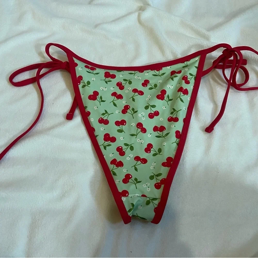 New! Frankie’s Bikinis x Pink Cherry Print Bikini Bottom green 1544